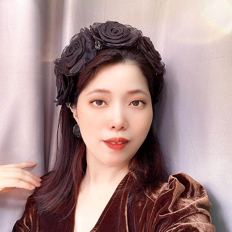 法式温柔黑色花朵发箍女绢纱高颅顶带齿头箍高级感黑色发饰优雅