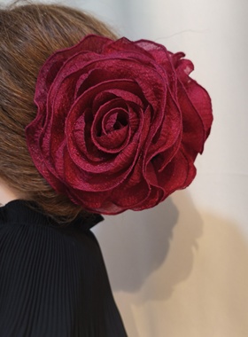 原创发抓贵妇红色花朵抓夹鲨鱼齿夹子高级感发抓马尾夹头饰秋冬
