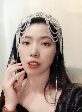 原创发饰白色水晶串珠流苏发箍女仙美镶钻发卡宽边水钻头箍复古