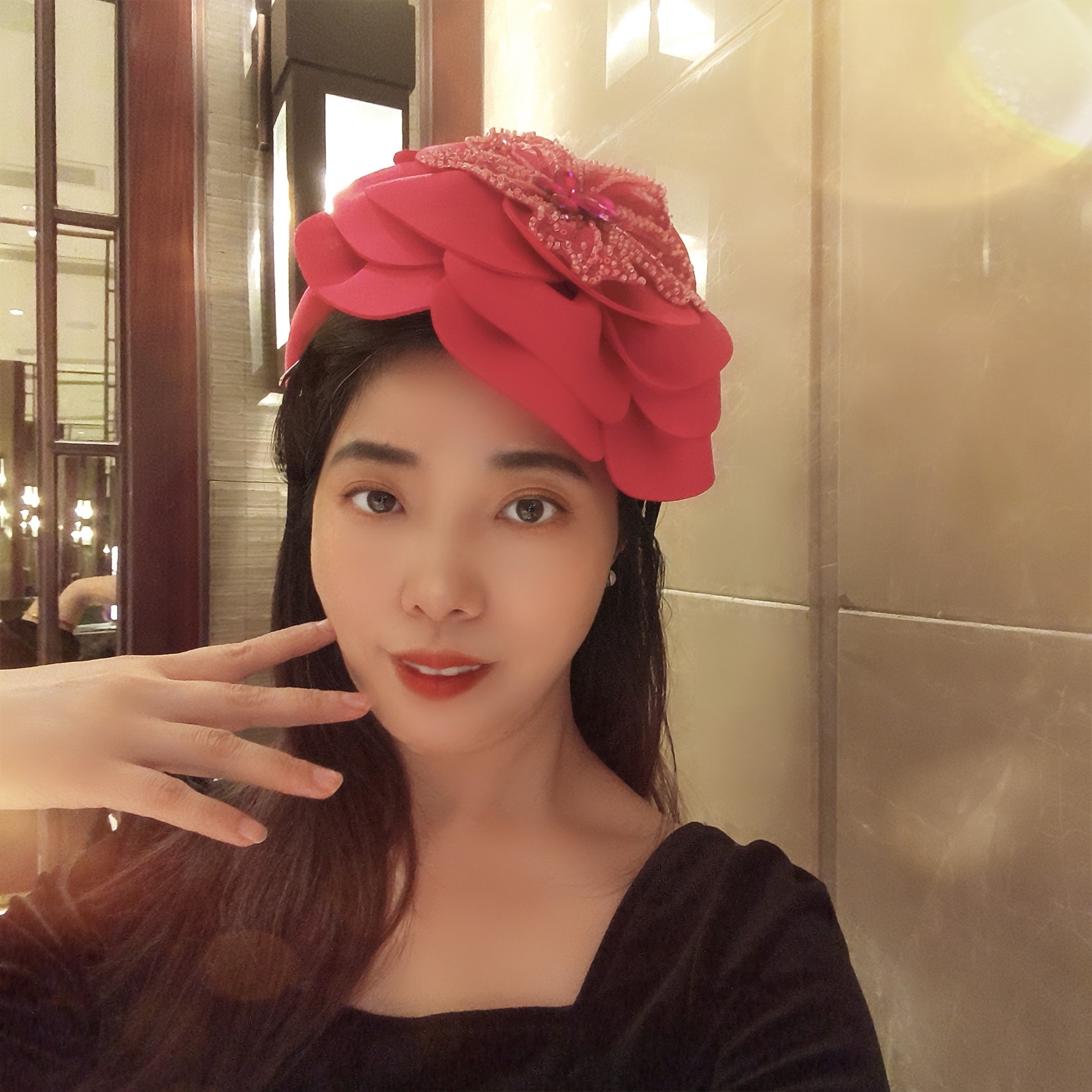 法式玫红色半帽发箍女高颅顶发卡宽边遮盖碎发遮盖白发头箍贵气