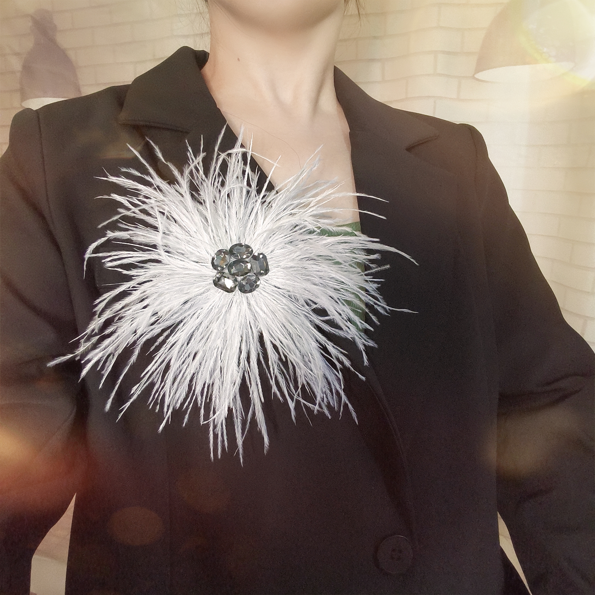 原创设计不规则水晶鸵鸟毛胸针女高档毛毛胸花别针仙女装饰品配饰