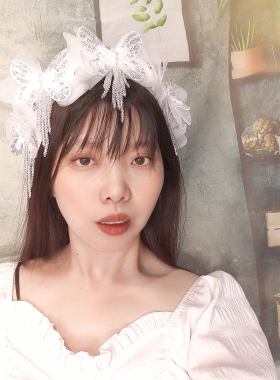 原创手工白色蝴蝶流苏发箍女带齿高颅顶发卡宽边发饰头箍2025新品