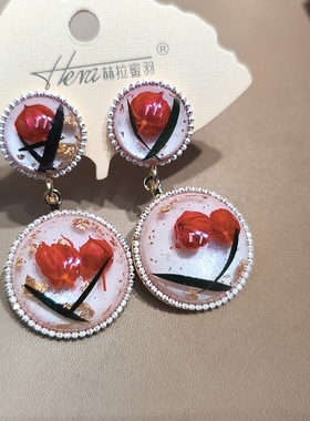 赫拉密羽红色琥珀干花耳环女法式耳饰925银针耳钉甜美长耳坠贵气