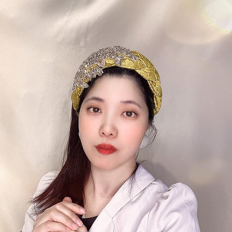 复古镶钻花朵发箍女姜黄色宽边带齿头箍复古风发饰
