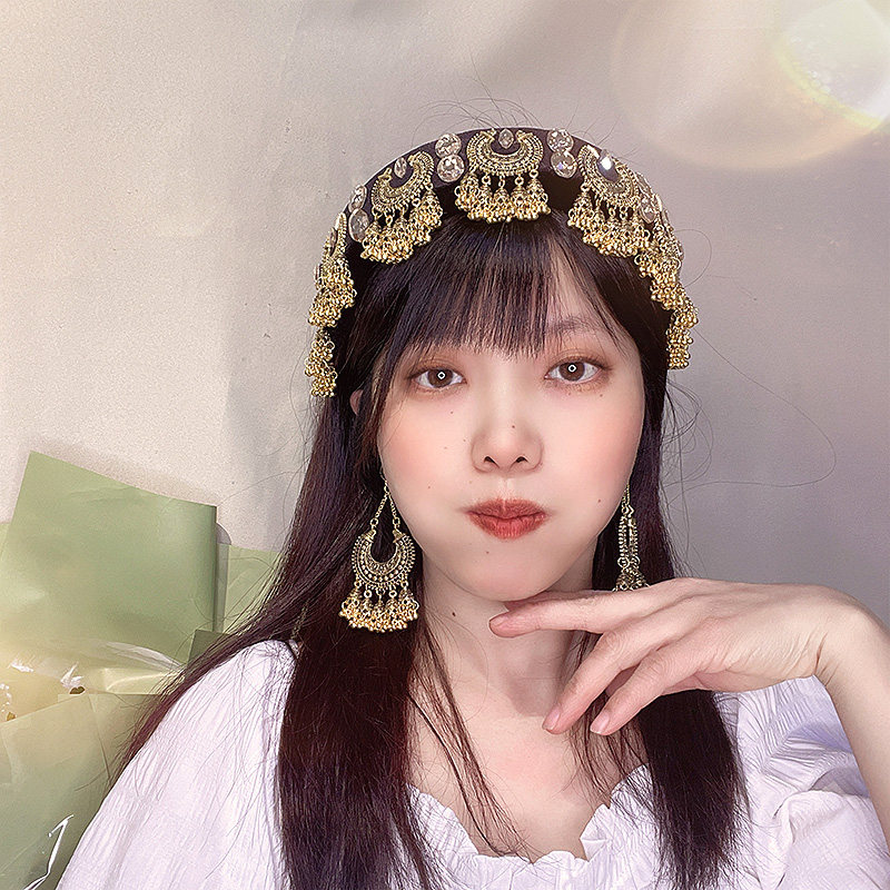 原创手工复古金色弯月流苏发箍女民族风雕花发卡宽边印度金属头箍