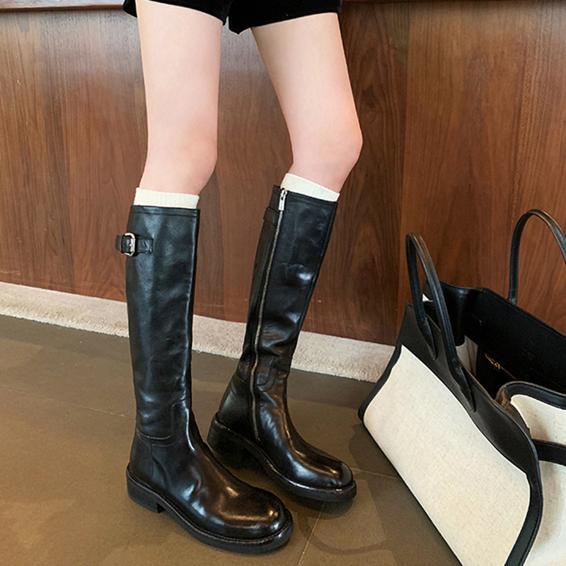 葡萄妈同款 水洗复古女骑士靴长靴侧拉链加宽加绒胖mm大码41-43