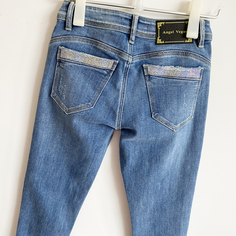 亏本清仓2024春夏意大利时尚烫钻浅蓝高端牛仔裤女中腰弹力小脚裤