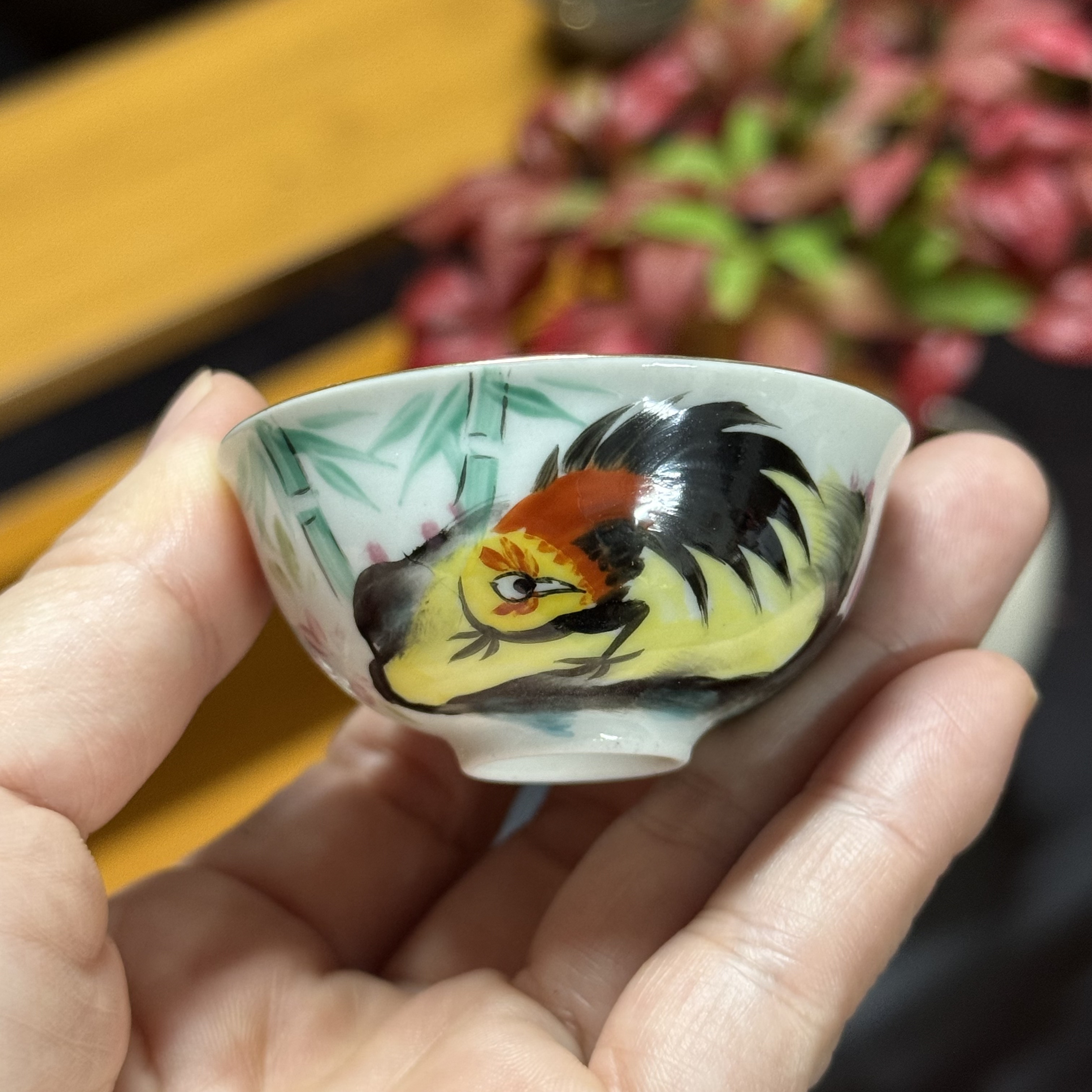 八十年代潮州枫溪窑纯手绘“清香”公鸡蛋壳杯工夫茶杯品茗杯