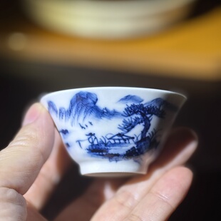 潮州枫溪窑釉下彩纯手绘青花工夫茶杯凤凰单丛杯撇口杯客杯