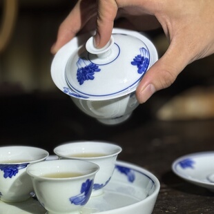 「百财聚来」青花手绘白菜工夫茶具套装瓷盖碗铃铛杯壶承