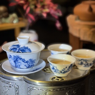 潮汕工夫茶青花人物三才盖碗老茶器