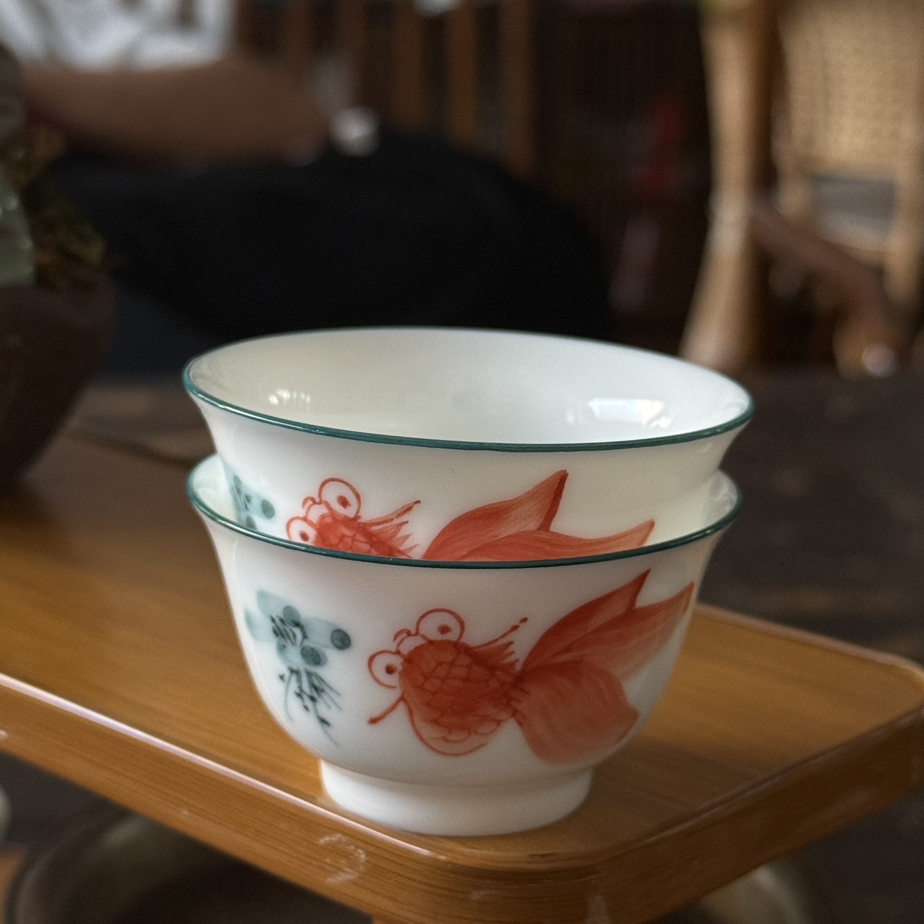 八十年代库存潮州枫溪彩瓷手绘若深珍藏工夫茶金鱼杯功夫茶品茗杯