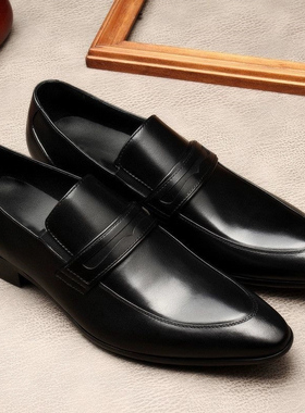 帕达索真皮男士商务英伦尖头皮鞋套脚一脚蹬头层牛皮鞋220902