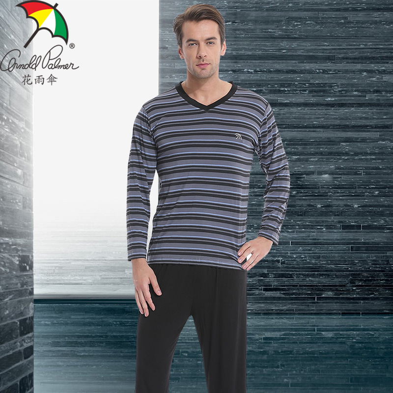 花雨伞家居服秋冬款男士莫代尔睡衣时尚条纹长袖长裤套装