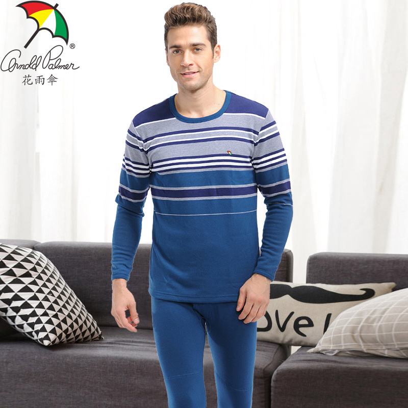 花雨伞男士条纹圆领加绒加厚膝盖双层护膝保暖内衣秋冬防寒保暖衣