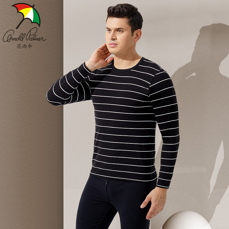 花雨伞男士条纹弹力棉薄款保暖内衣男棉绸内衣内穿棉毛衫男打底衫