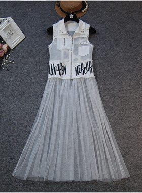 黑色牛仔马甲外套女春秋港风中长款无袖背心外搭isn字母纱网马夹