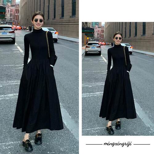 明星日记| 高领针织连衣裙女2025秋季韩版气质收腰过膝长裙内搭裙