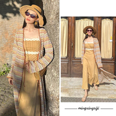 钟楚曦同款 度假风吊带裙长裙子 女秋2025新款 针织条纹提花开衫 长款