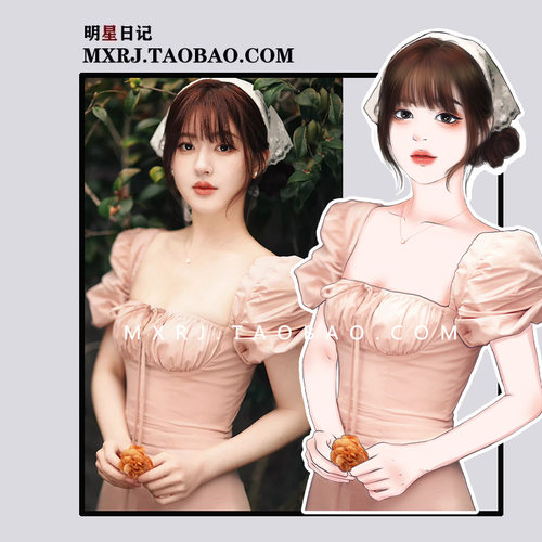 露思同款法式茶歇粉色连衣裙女系带方领收腰中长款开叉a字裙子