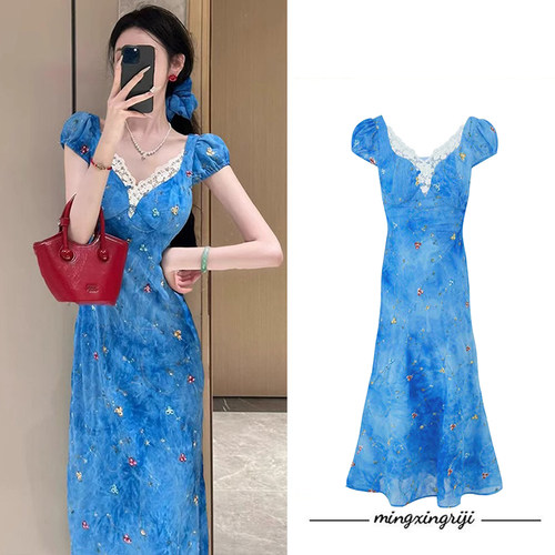 【卡普里蓝调】法式碎花连衣裙女2025夏季新款绣花气质百搭长裙子