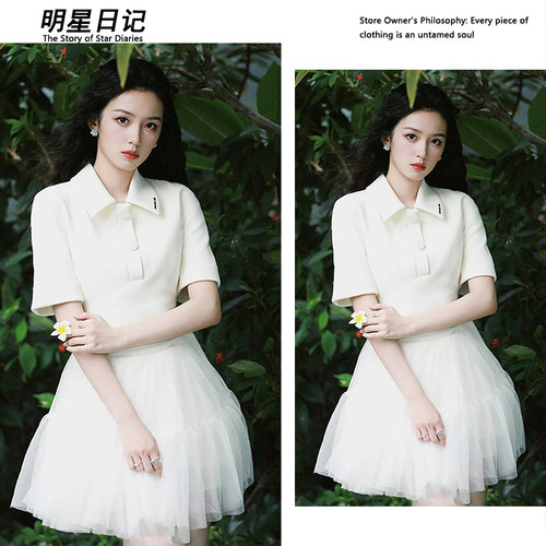 周也明星同款白色短袖连衣裙女2025夏季新款设计感小众网纱蓬蓬裙