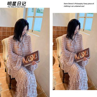 长袖 印花格纹连衣裙女2026春夏季 裙子 法式 明星日记｜李一桐同款