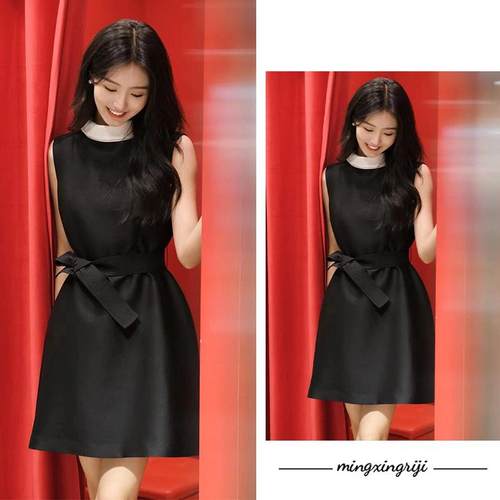 五福临门黄杨钿甜同款|赫本风千金温柔系黑色收腰无袖连衣裙夏女
