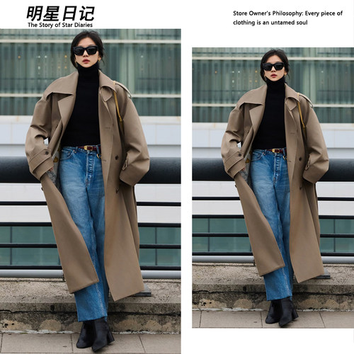 孙千同款卡其色双排扣风衣外套女