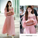 赵露思同款 海边度假收显瘦腰雪纺长裙子 粉色一字肩连衣裙女夏法式