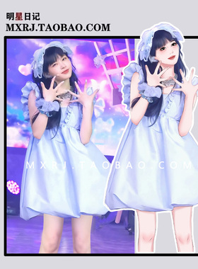 moka境萌花同款荷叶边小飞袖连衣裙女蓝色蓬蓬裙娃娃小个子短裙子