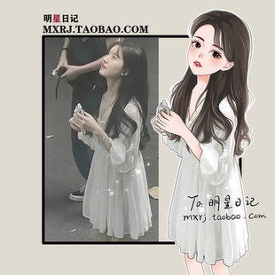 偷偷藏不住赵露思桑稚同款穿搭衣服白色v领连衣裙女蕾丝仙女短裙