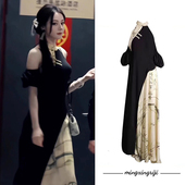 迪丽热巴同款 新中式 国风拼色连衣裙女夏收腰显瘦盘扣旗袍裙子长裙