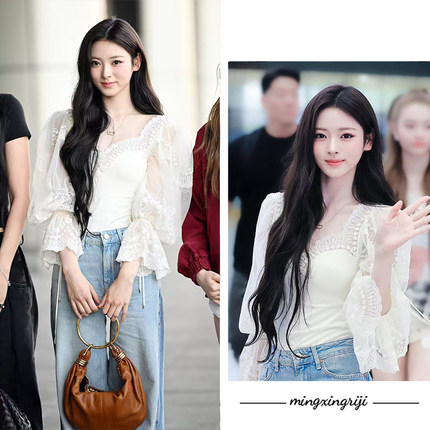 Anna田中杏奈同款韩系气质温柔超仙蕾丝衫V领长袖衬衫设计感上衣