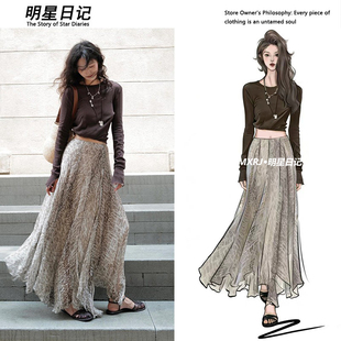 2026超火盛夏一整套韩系穿搭时尚 洋气减龄咖色t恤印花半身裙套装