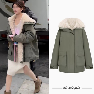现货赵露思同款 新 羊羔毛恋人灰草绿色冲锋衣外套女派克服棉服冬季