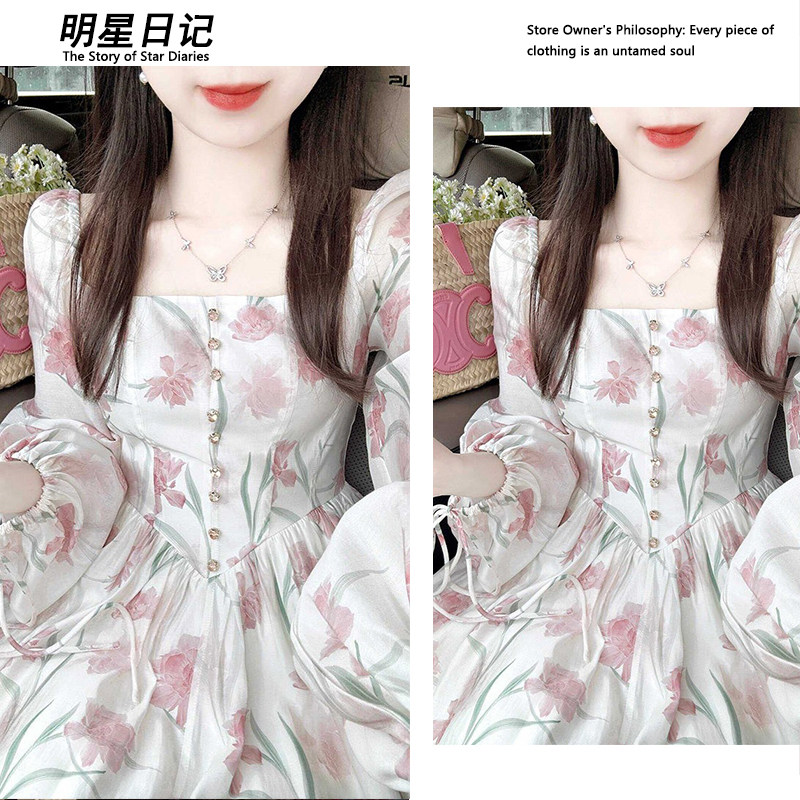 明星日记| 法式桔梗方领碎花灯笼袖连衣裙女初春超好看精致长裙子图片