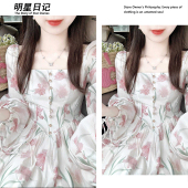 连衣裙女初春超好看精致长裙子 桔梗方领碎花灯笼袖 明星日记 法式