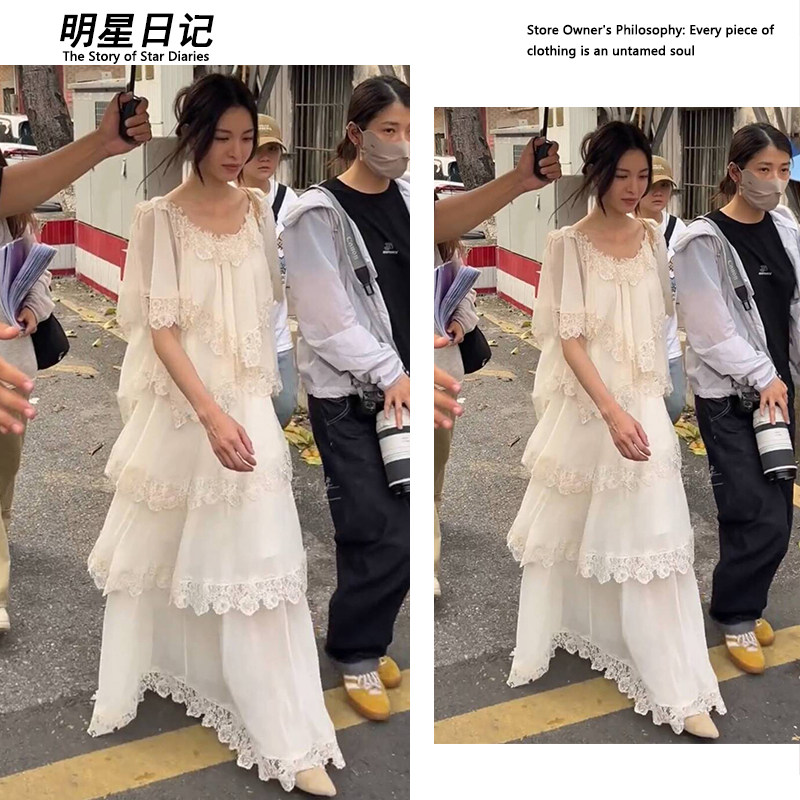 明星日记钟楚曦同款白色刺绣蕾丝边连衣裙夏气质宽松遮肉度假长裙