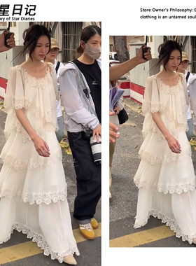 明星日记钟楚曦同款白色刺绣蕾丝边连衣裙夏气质宽松遮肉度假长裙