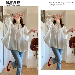 2025春夏季新款法式白色衬衫女设计感小众宽松长袖上衣娃娃衫小衫