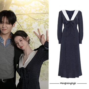 明星日记爱情怎么翻译高允真同款法式波点连衣裙蝴蝶结收腰长裙