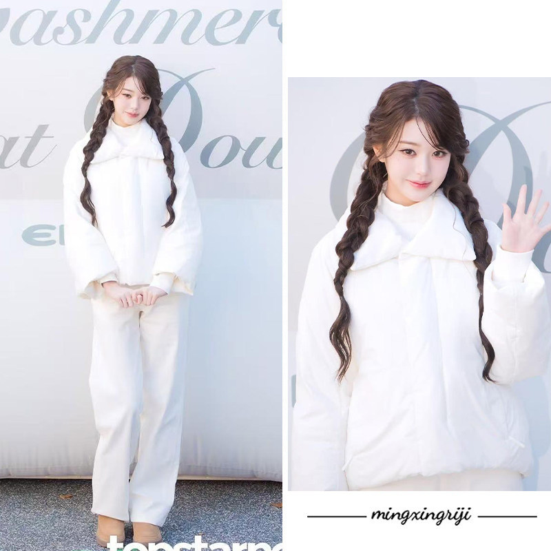 明星日记张元英同款翻领白色短款羽绒服女2025冬季温柔风加厚外套