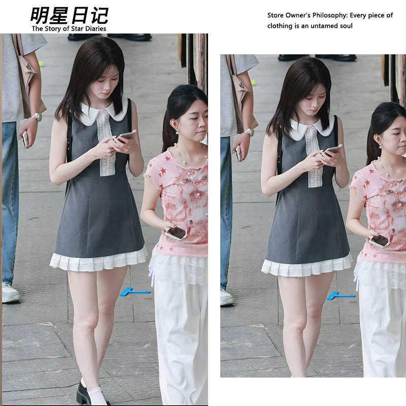 孟子义同款灰色无袖连衣裙女娃娃领蕾丝学院风甜妹收腰A字短裙子