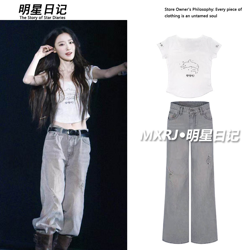叶舒华同款白色烫钻海豚短袖t恤女设计感短款性感时尚上衣女新款图片
