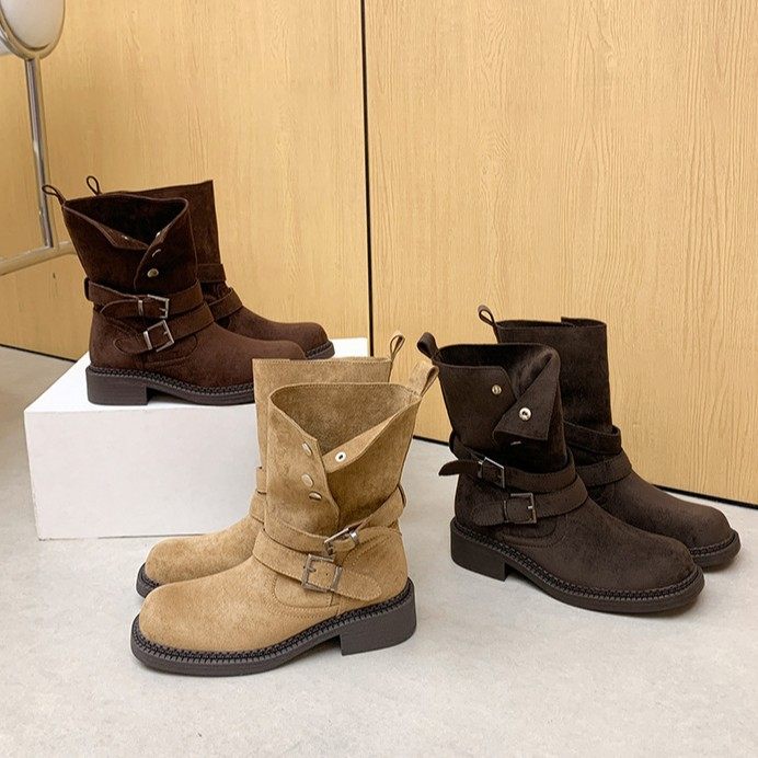 法式复古个性扣带西部牛仔靴女新款高级感小个子增高不累脚马丁靴