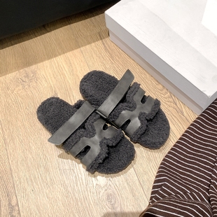葡萄家studio同款二舅懒人毛毛拖鞋女新款高级感保暖一字拖鞋外穿
