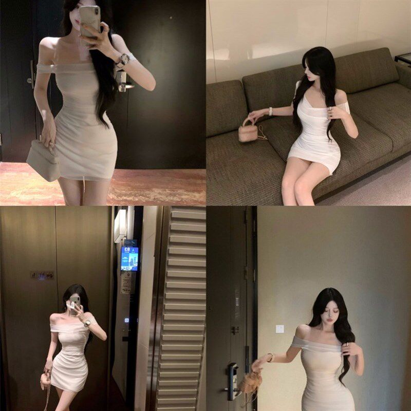 网红性感辣妹一字肩抹胸吊带连衣裙女秋季新款纯欲收腰显瘦包臀短