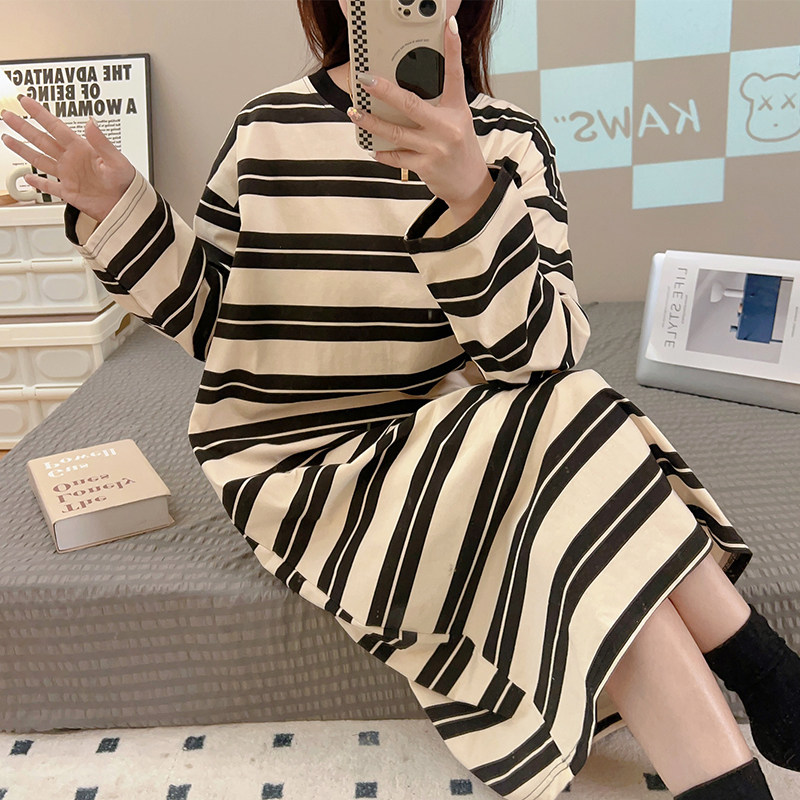 纯棉女款长袖睡裙条纹中长款裙子