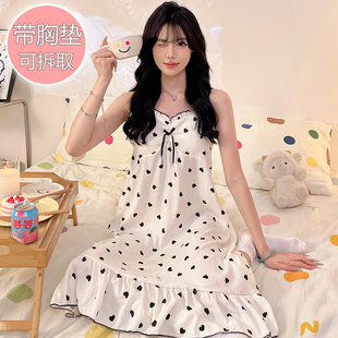 吊带睡裙女带胸垫2025夏季 家居服可外穿 款 云朵棉黑桃心甜美风时尚